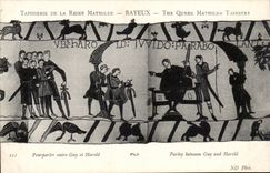 Tapestry of the queen Mathilde Bayeux CPA Pourpaler between Guy and Harold