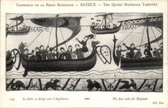 Tapisserie der Konigin Mathilde Bayeux CPA welches die Flotte in Richtung zu England verschiebt