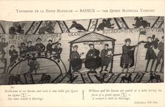 Tapisserie der Konigin Mathilde Bayeux CPA Guillaume und ihre Barons die gesessen werden hat eine Tabelle