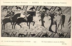 CPA Tapisserie der Konigin Mathilde Bayeux das der Leiter der Truppeostenblatter durch Guillaume freigeben