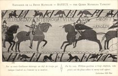 CPA Tapisserie der Konigin Mathilde Bayeux auf der Guillaume-Strasse fragt einen Leiter der Truppe