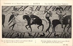 CPA Tapisserie der Konigin Mathilde Bayeux das der Leiter der Truppe in der Freiheit lauft um Harold zu warnen