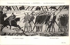 CPA Tapisserie der Konigin Mathilde Bayeux das der Kampf sich engagiert
