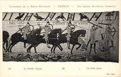 CPA Tapisserie der Konigin Mathilde Bayeux das der Kampf sich engagiert