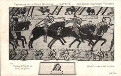 CPA Tapisserie der Konigin Mathilde Bayeux die Armee von Harold ist taillee in den Teilen