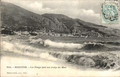 Menton - the Beach by a heavy swell - CPA