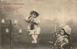 CPA Phantasie-Kinder auf telegraphischem Draht (Pierrot)