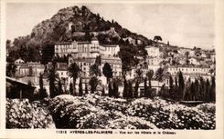 Hyeres Palmen - Anblick auf den Hotels und dem Schloss CPA