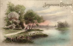 Frohliche CPA Ostern Landschaftsschafe (Ostern Ostern)