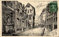 Rouen - Street St Romain - Pen-and-ink drawing - CPA