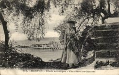 Menton - Details Artistic - Sight Enters the Olive-trees - Woman - CPA