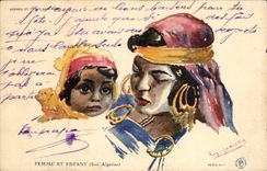 CPA Fantasy Woman and child Illustrator (southern Algerian) (folklore costume caps)