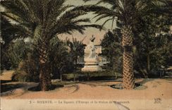 Tunisia CPA the public garden of Europe and Statue of Massicault (palm trees)
