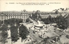 Paris CPA the place of the Republic (lion) the Modern hotel and the barracks of prince Eugene