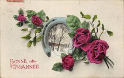 CPA Fantaisie Bonne annee Rose Fer a cheval
