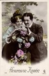 Fantaisie - Couple - Happy Couple with flowers - CPA 