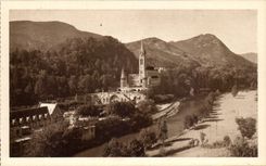 Lourdes - the Basilica and Train station - CPA