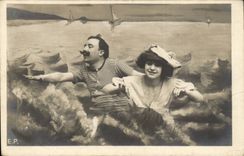 Fantaisie - Couple - Couple swimming CPA 