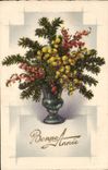 CPA Fantaisie Bouquet de fleurs Bonne annee (decoration en relief et brillant)