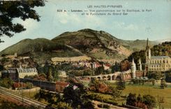 Lourdes CPA Panoramic View on the basilica the fort and the funicular of large Ger