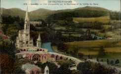 Lourdes CPA View from above on the basilica and the valley of Gave