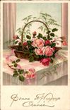 Fetes - Bonne Anne - Roses - pretty basket of flowers - CPA 