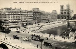 Paris - 4 - Le Pont Saint Michel et Caserne de la Cite - velo - automobile - autobus Mercedes - CPA 