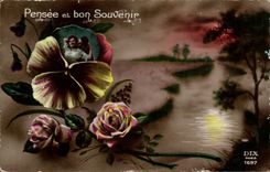 Fantaisie - Couple - pensee et bon souvenirs - pansy - CPA 