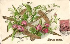 CPA Fantasy Flowers and lances dorees Happy New Year