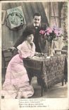 Fantaisie - Couple - Surprised with flowers CPA 