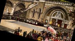 CPA Lourdes Blessing of the patients in front of the rosary