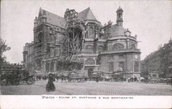 Paris CPA Eglise Ste Eustache et rue montmartre