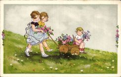 Fantasy - Children - Little girls with wooden wheelbarrow - CPA