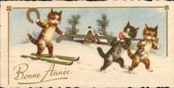 Festivals - Happy New Year - This cat edge ski - 3 cats - cat - horseshoe - horse shoe - CPA