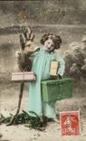 Fantasy - Child - Little girl with reindeer in snowy scene CPA