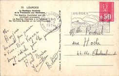 MODERN CARD Lourdes Basilica and the procession of the torches