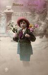Fantasy - Child - Little Servant boy with flowers - houx - holly - Happy New Year - CPA