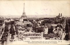 Paris CPA Panorama taken of Arc de Triomphe the Eiffel Tower