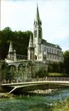 MODERN CARD Lourdes the basilica and the bridge on Gave