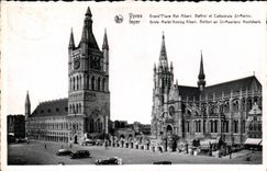 CPA Belgium Ypres Grand places King Albert Beffroi and cathedral St Martin