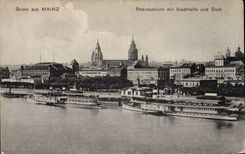 CPA Gruss aus Mainz Rheinansicht put Stadthalle und Dom