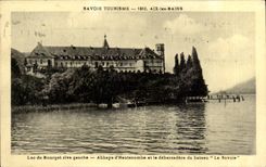 CPA Aix les Bains Lake of Le Bourget Abbey of Hautecombe and the unloading dock of the boat Savoy