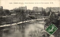 Paris - 19 - Chaumont Hillocks - the Lake and Suspended bridge CPA