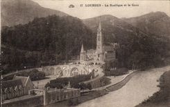 CPA Lourdes the basilica and Gave