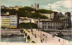 Lyon CPA Bridge Tilsitt Cathedral St Jean and slope of fourviere