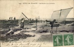 CPA On the beach Fishing with shrimp (folklore costume Fishes)