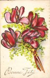 Fleurs - Flowers - Glittered outlined flowers - Bonne Fete - CPA 