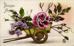 Fetes - Bonne Annee - houx - holly - wheelbarrow with roses - CPA 
