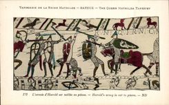 CPA Bayeux Tapisserie der Mathilde-Konigin die Armee von Harold ist taillee in den Teilen