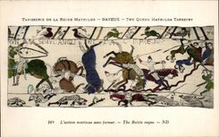 CPA Bayeux Tapisserie der Mathilde-Konigin welche die Tatigkeit mit Wut fortsetzt